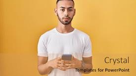  Presentation with simple - Presentation design with young-hispanic-man-using-smartphone background and a yellow colored foreground