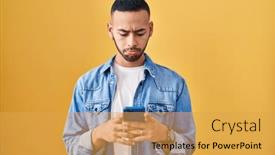  Presentation with crying - Presentation theme having young-hispanic-man-using-smartphone background and a yellow colored foreground