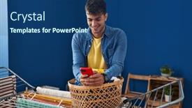  Presentation with laundry room - Slide set enhanced with young-hispanic-man-using-smartphone background and a ocean colored foreground