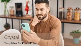  Presentation with smartphone - Slide deck with young-hispanic-man-using-smartphone and a Cornflower Blue colored foreground