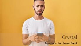  Presentation with smartphone - Presentation theme having young-hispanic-man-using-smartphone background and a yellow colored foreground