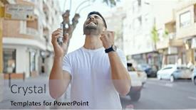  Presentation with smartphone - PPT theme consisting of young-hispanic-man-using-smartphone and a light blue colored foreground