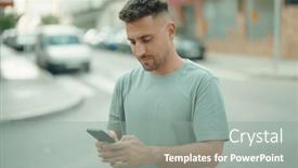  Presentation with smartphone - Slide deck having young-hispanic-man-using-smartphone and a gray colored foreground