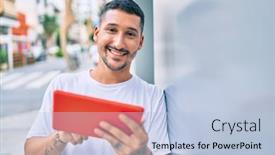  Presentation with wall street - PPT layouts enhanced with young-hispanic-man-using-touchpad background and a light blue colored foreground