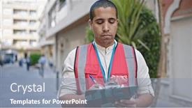  Presentation with volunteer - Theme having young-hispanic-man-volunteer-holding background and a light blue colored foreground