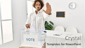  Presentation with hand palm - Presentation design with young-hispanic-man-voting-putting background and a light gray colored foreground