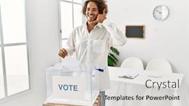  Presentation with voting - Slide set consisting of young-hispanic-man-voting-putting background and a light gray colored foreground