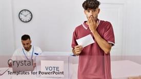  Presentation with voting - Slide deck having young-hispanic-man-voting-putting background and a coral colored foreground