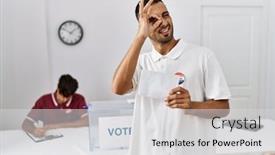  Presentation with voting - Theme with young-hispanic-man-voting-putting background and a light gray colored foreground