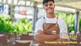  Presentation with waiter - PPT theme featuring young-hispanic-man-waiter-smiling background and a tawny brown colored foreground
