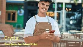  Presentation with waiter - Presentation design with young-hispanic-man-waiter-smiling background and a  colored foreground