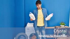  Presentation with laundry detergent - PPT theme consisting of young-hispanic-man-washing-clothes background and a teal colored foreground