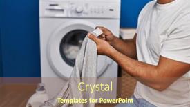  Presentation with laundry room - PPT theme having young-hispanic-man-washing-clothes and a  colored foreground