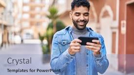  Presentation with man watching woman preparing vegetables - Slide set featuring young-hispanic-man-watching-video background and a light blue colored foreground