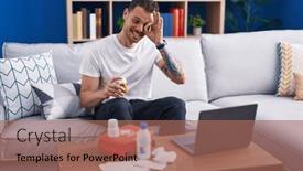  Presentation with first aid kit - Presentation theme with young-hispanic-man-watching-video background and a coral colored foreground