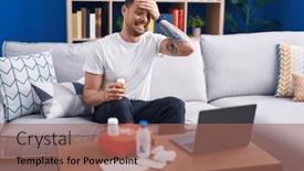  Presentation with first aid kit - PPT layouts with young-hispanic-man-watching-video background and a coral colored foreground