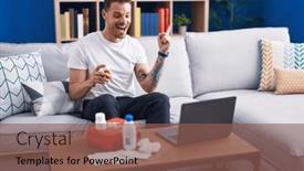  Presentation with first aid kit - PPT layouts featuring young-hispanic-man-watching-video background and a violet colored foreground