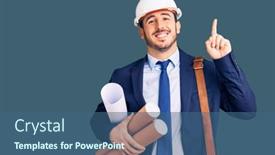  Presentation with leather bag - PPT theme having young-hispanic-man-wearing-architect background and a ocean colored foreground