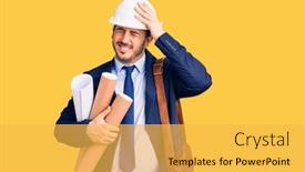  Presentation with leather bag - Beautiful presentation design featuring young-hispanic-man-wearing-architect backdrop and a yellow colored foreground