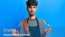  Presentation with barber - Audience pleasing PPT theme consisting of young-hispanic-man-wearing-barber backdrop and a ocean colored foreground
