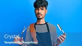  Presentation with barber - Cool new slide set with young-hispanic-man-wearing-barber backdrop and a ocean colored foreground