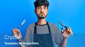  Presentation with barber - Presentation design enhanced with young-hispanic-man-wearing-barber background and a ocean colored foreground