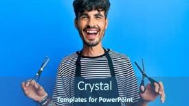  Presentation with barber - Audience pleasing PPT theme consisting of young-hispanic-man-wearing-barber backdrop and a ocean colored foreground
