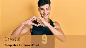  Presentation with hands heart - Cool new presentation theme with young-hispanic-man-wearing-basketball backdrop and a yellow colored foreground