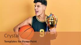  Presentation with basketball - PPT theme consisting of young-hispanic-man-wearing-basketball background and a gold colored foreground