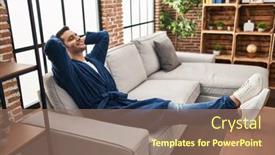  Presentation with man head in hands - PPT theme with young-hispanic-man-wearing-bathrobe background and a coral colored foreground