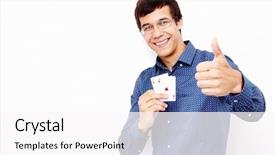  Presentation with diamonds - Beautiful presentation design featuring young hispanic man wearing blue shirt and glasses holding two aces hearts and diamonds in his hand and showing thumb up hand gesture with smile against white wall - gambling concept backdrop and a white colored foreground