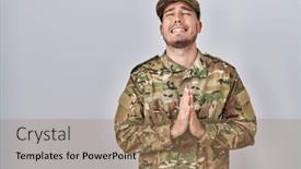  Presentation with praying hands - Presentation design consisting of young-hispanic-man-wearing-camouflage background and a coral colored foreground