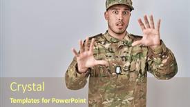  Presentation with panic - Presentation design consisting of young-hispanic-man-wearing-camouflage background and a coral colored foreground