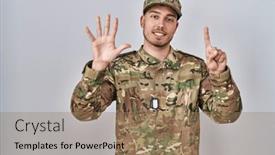  Presentation with army - Slide set consisting of young-hispanic-man-wearing-camouflage background and a coral colored foreground