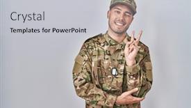  Presentation with army - Presentation theme enhanced with young-hispanic-man-wearing-camouflage background and a light gray colored foreground