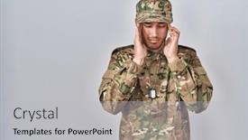  Presentation with army stress - Slide deck featuring young-hispanic-man-wearing-camouflage background and a light gray colored foreground