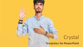  Presentation with hand palm - Beautiful slide set featuring young-hispanic-man-wearing-casual backdrop and a yellow colored foreground