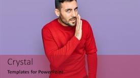  Presentation with talk - PPT theme with young-hispanic-man-wearing-casual background and a crimson colored foreground