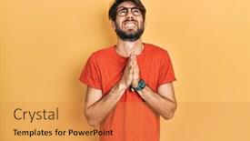  Presentation with praying hands - Presentation design enhanced with young-hispanic-man-wearing-casual background and a  colored foreground