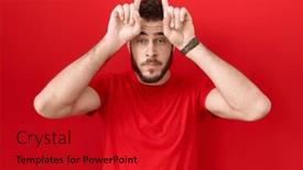  Presentation with finger - Slide set featuring young-hispanic-man-wearing-casual background and a crimson colored foreground