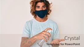  Presentation with hand sanitizer - Slide set consisting of young-hispanic-man-wearing-covid background and a soft green colored foreground