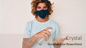  Presentation with hand sanitizer - Beautiful presentation featuring young-hispanic-man-wearing-covid backdrop and a soft green colored foreground