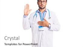  Presentation with hand palm - Slides enhanced with young-hispanic-man-wearing-doctor background and a white colored foreground