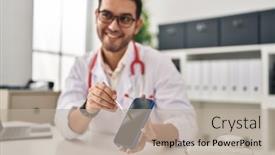  Presentation with smartphone app - Presentation design with young-hispanic-man-wearing-doctor background and a mint green colored foreground