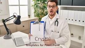  Presentation with clipboard stethoscope - Slide set having young-hispanic-man-wearing-doctor background and a soft green colored foreground
