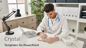  Presentation with report - Slide deck enhanced with young-hispanic-man-wearing-doctor background and a lemonade colored foreground