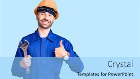  Presentation with electrician - Cool new slide deck with young-hispanic-man-wearing-electrician backdrop and a light blue colored foreground