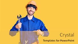  Presentation with electrician - Cool new PPT theme with young-hispanic-man-wearing-electrician backdrop and a yellow colored foreground