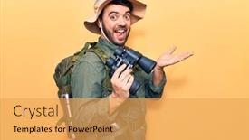  Presentation with explorer - PPT theme enhanced with young-hispanic-man-wearing-explorer background and a yellow colored foreground