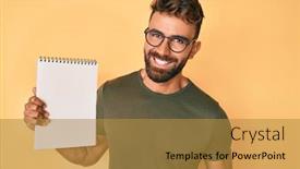  Presentation with glasses - Presentation design consisting of young-hispanic-man-wearing-glasses background and a gold colored foreground